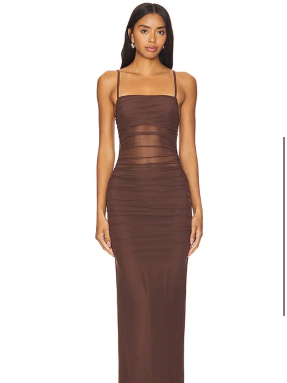 NWT Sheer-Panel Brown Maxi Dress with Spaghetti Straps